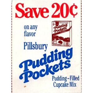 Save 20¢ Any Flavor Pillsbury Pudding Pockets Cupcake Mix 1980s Coupon SAI1-M5